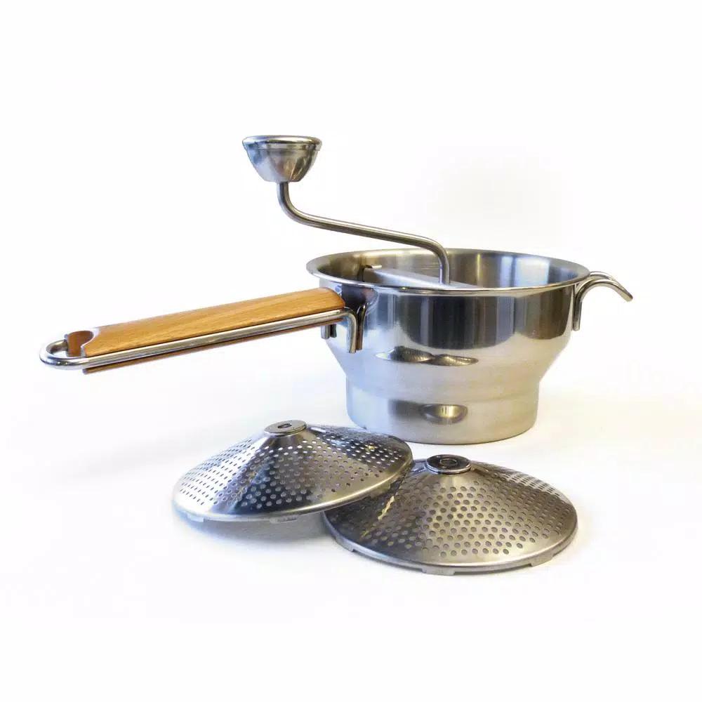 RSVP International Endurance Stainless Steel Food Mill with 3 Interchangeable Disks and Beech Wood Handle