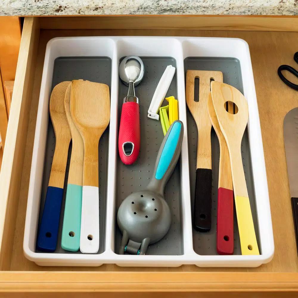Unbranded White Large Utensil Tray with Rubber Liner, 3 Compartment Cutlery Organizer