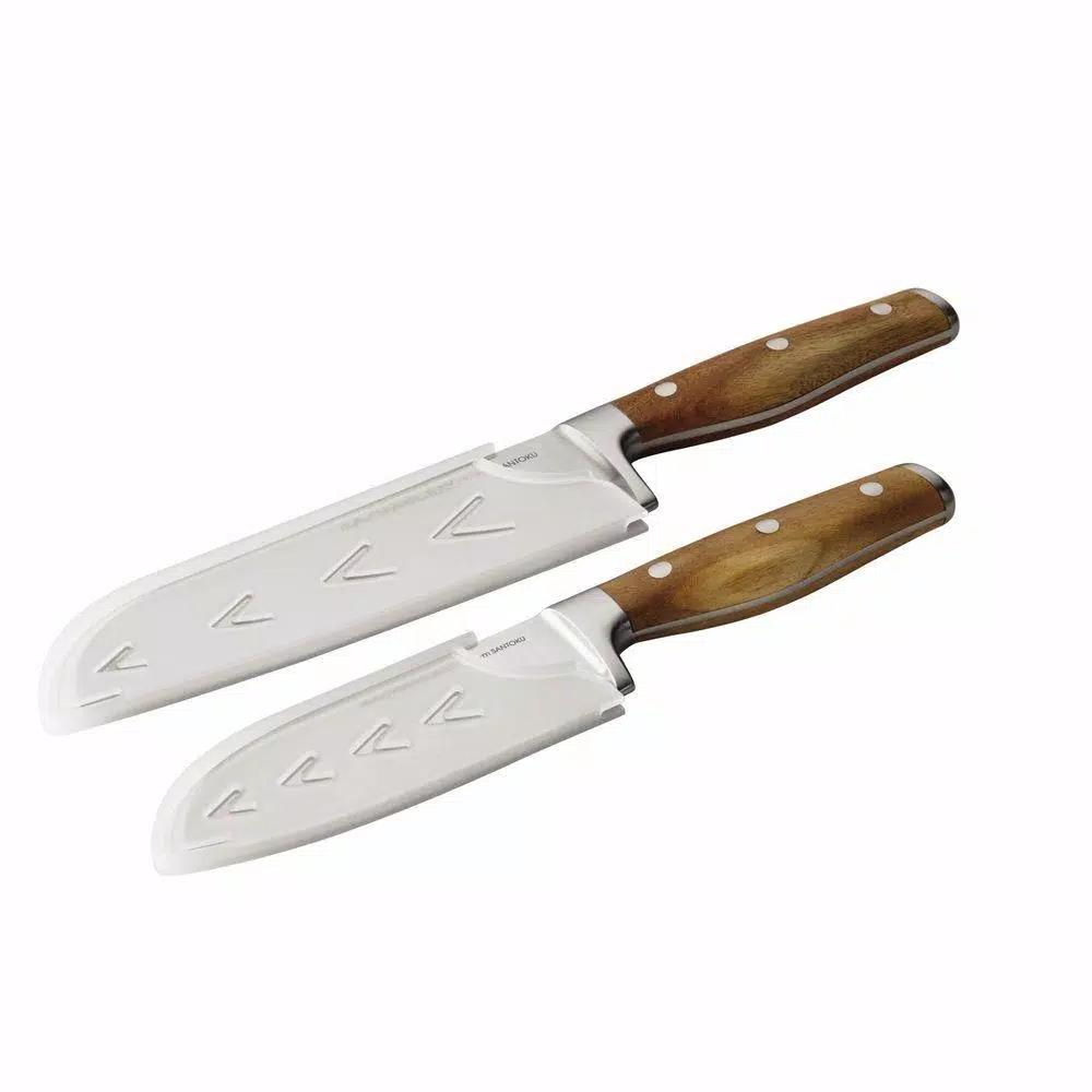 Rachael Ray Cucina 2-Piece Japanese Stainless Steel Santoku Knife Set with Acacia Wood Handles