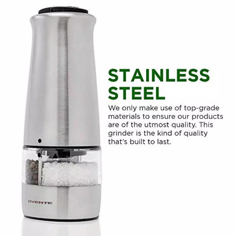Ovente 2-in-1 Electric Salt and Pepper Grinder, Stainless Steel Silver, Battery Operated