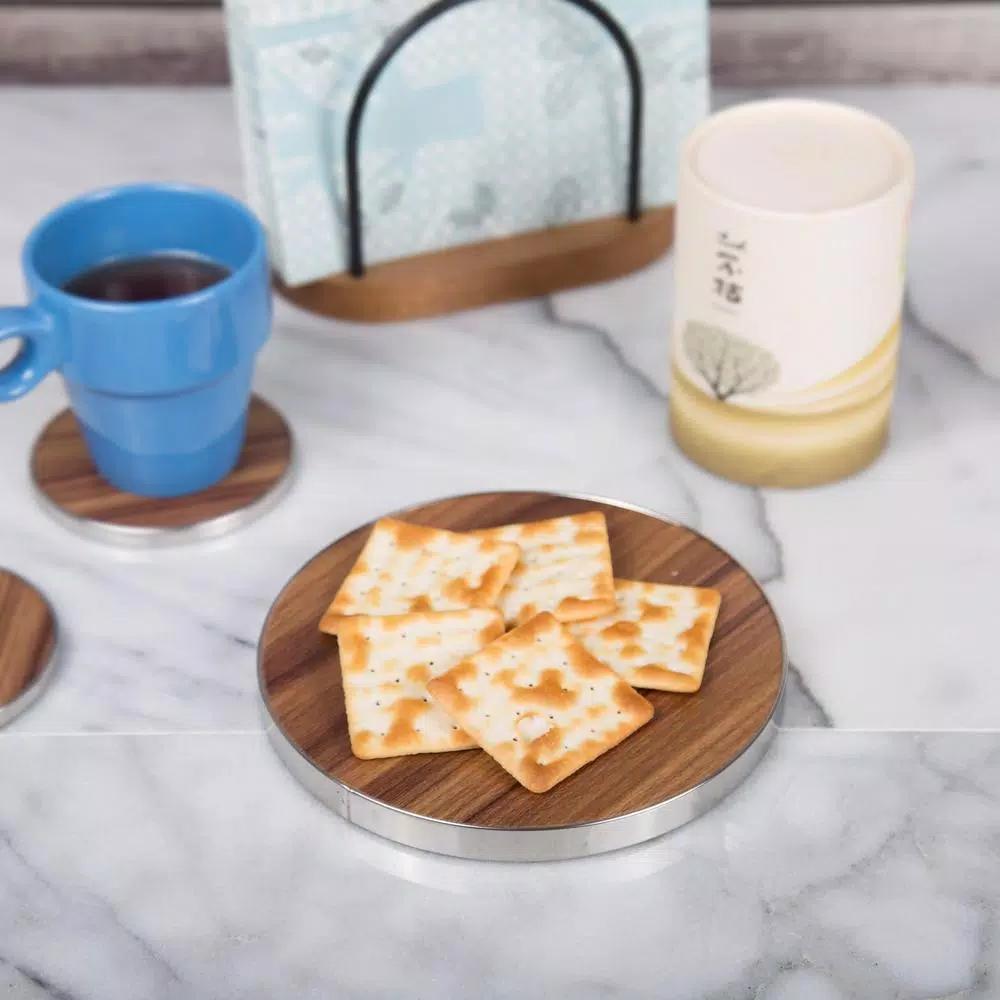 Creative Home 7" Round Fiberboard Trivet and Serving Board with Acacia Finish and Stainless Steel Trim