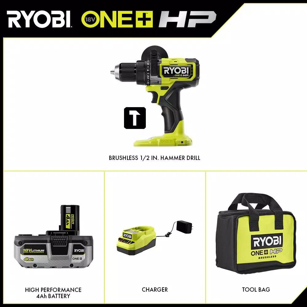 RYOBI 18V ONE+ HP Brushless 1/2 in. Hammer Drill Kit with 4.0 Ah Battery, Charger, and Tool Bag