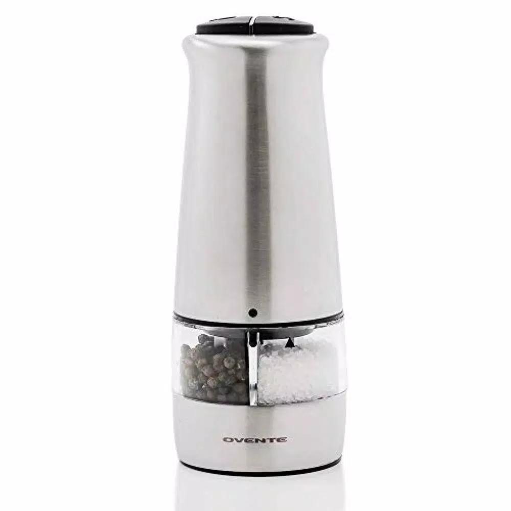 Ovente 2-in-1 Electric Salt and Pepper Grinder, Stainless Steel Silver, Battery Operated