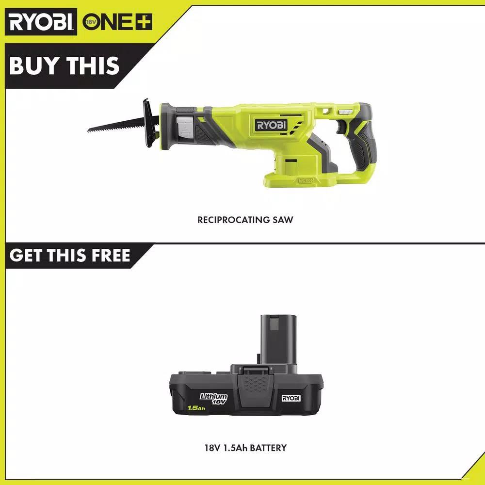 RYOBI 18V ONE+ Cordless Reciprocating Saw with 1.5 Ah Lithium-Ion Battery and 6" Wood Blade