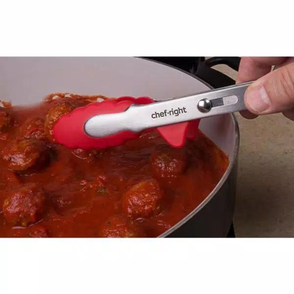 Chefright 12 in. Brushed Stainless Steel Magnetic Locking Tongs with Soft Rubber Grips (Set of 2)