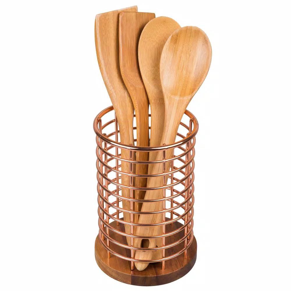 Creative Home Acacia Wood and Copper Iron Wire Utensil Tool Holder Crock
