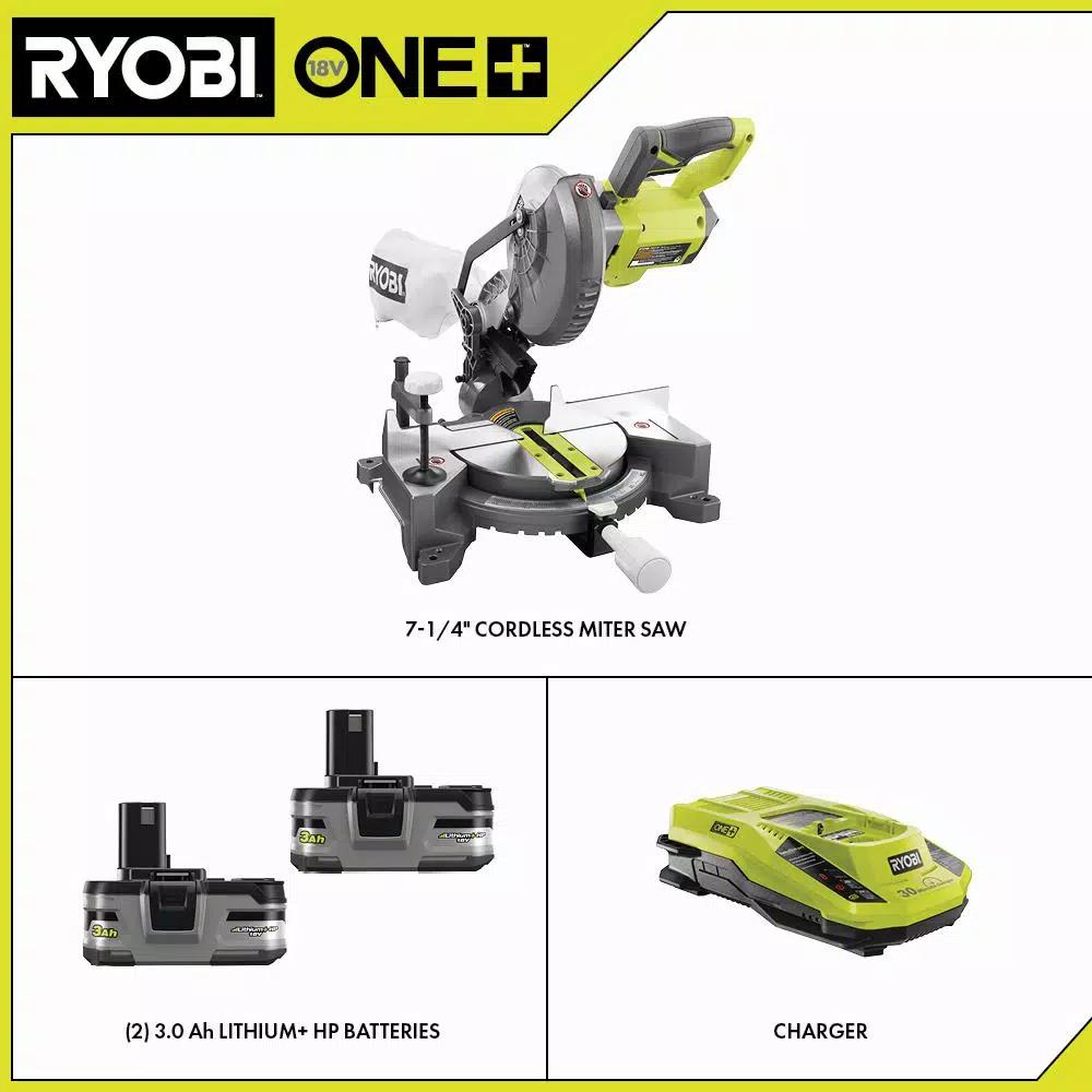 RYOBI ONE+ 18V Cordless 7-1/4 in. Compound Miter Saw Kit with (2) 3.0 Ah LITHIUM+ HP Batteries and Dual Chemistry Charger