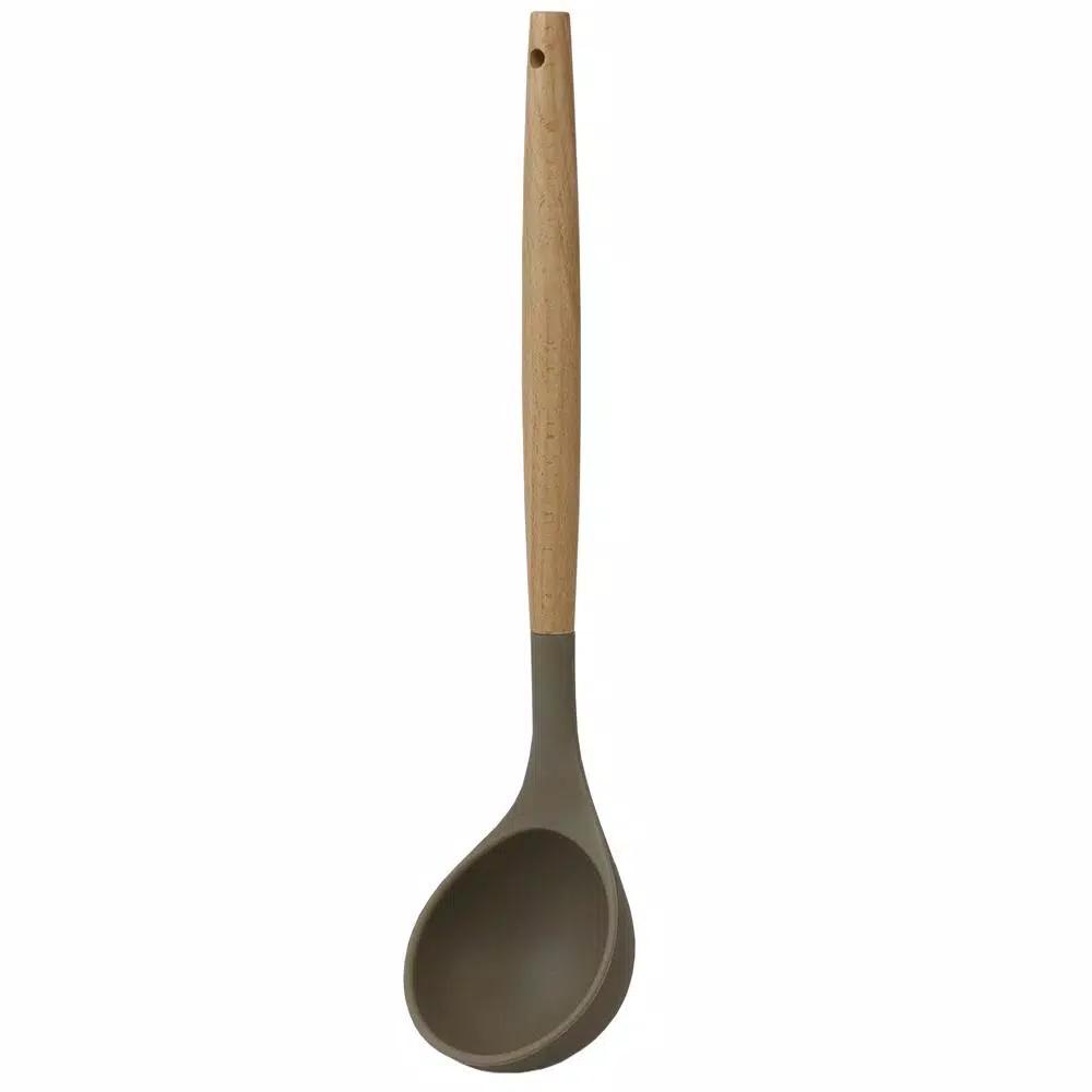 Home Basics Karina Grey Silicone Ladle with Easy Grip Beech Wood Handle, Heat Resistant & Non-Stick Safe
