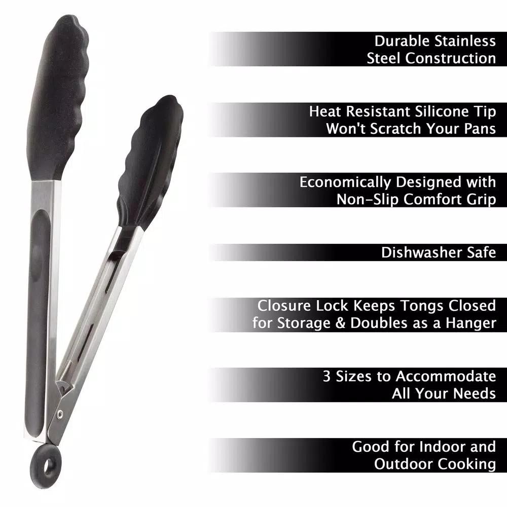 Classic Cuisine Stainless Steel Kitchen Tongs with Silicone Tips, 3-Piece Set