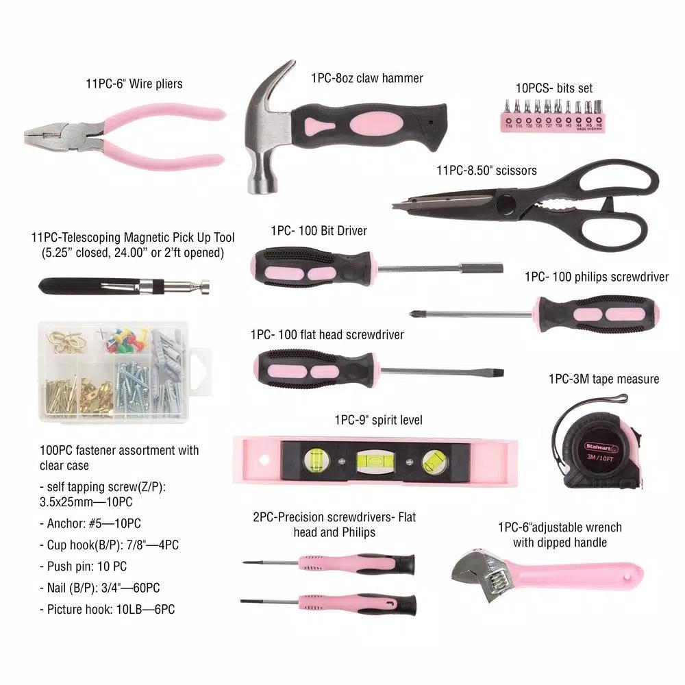 Stalwart 123-Piece Heat Treated Pink Tool Set with 600D Oxford Cloth Carrying Bag