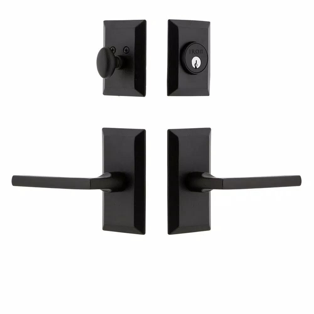 Unbranded Vale Black Iron Door Handleset Combo Pack with Dirk Lever and Matching Deadbolt