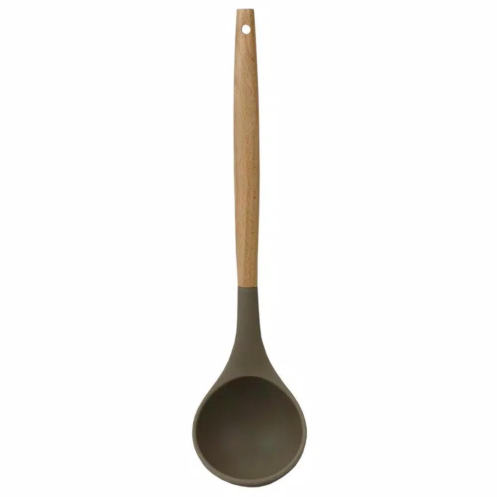 Home Basics Karina Grey Silicone Ladle with Easy Grip Beech Wood Handle, Heat Resistant & Non-Stick Safe