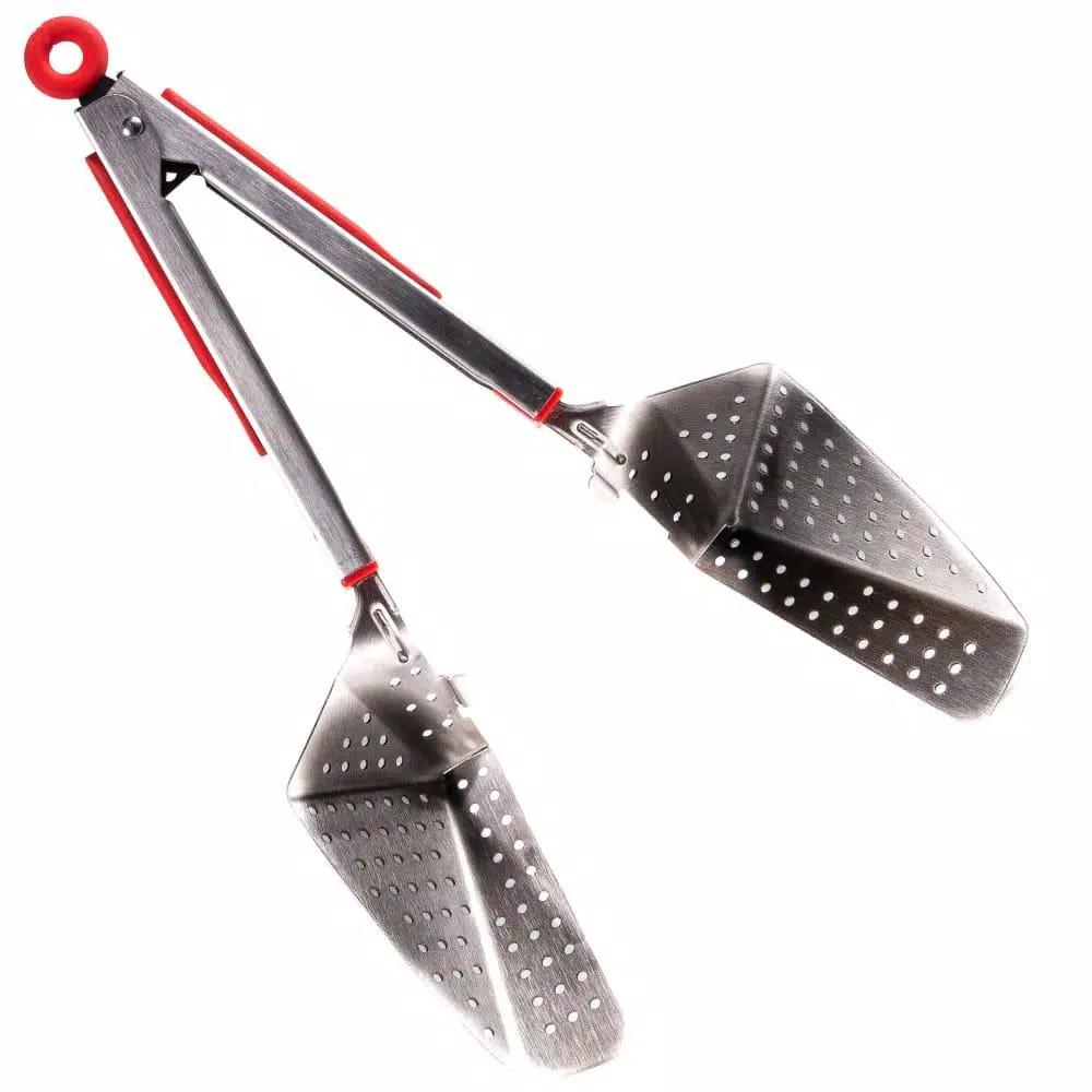Chefright QuickScoop Red Colander Tongs with Soft Grips, Brushed Stainless Steel (Set of 2)