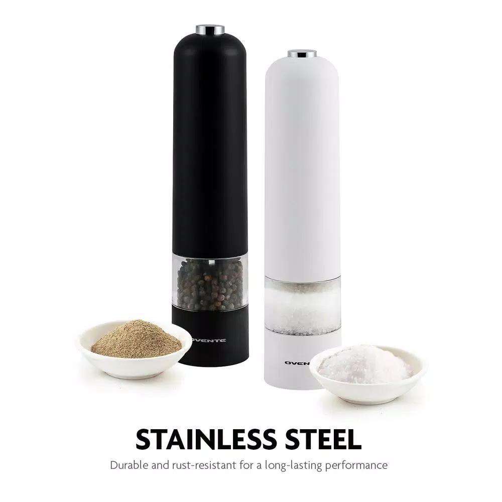 Ovente Electric Salt and Pepper Grinder Set, Battery Operated, Adjustable Coarseness, Black and White