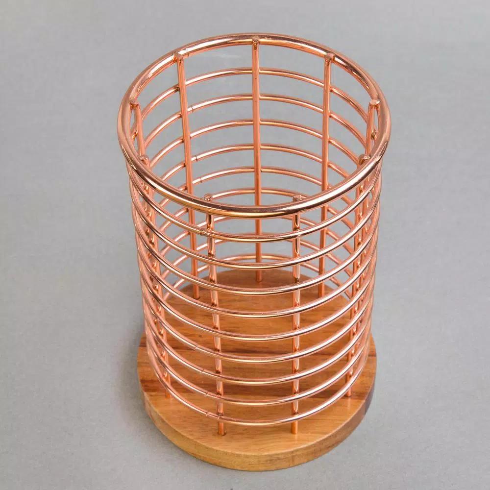 Creative Home Acacia Wood and Copper Iron Wire Utensil Tool Holder Crock