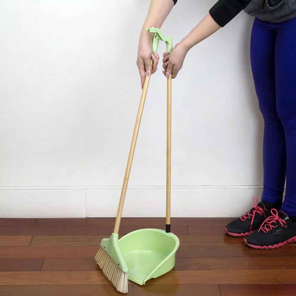 Home Basics 10 in. Green Bamboo Broom and Dustpan Set with Angled Nylon Bristles