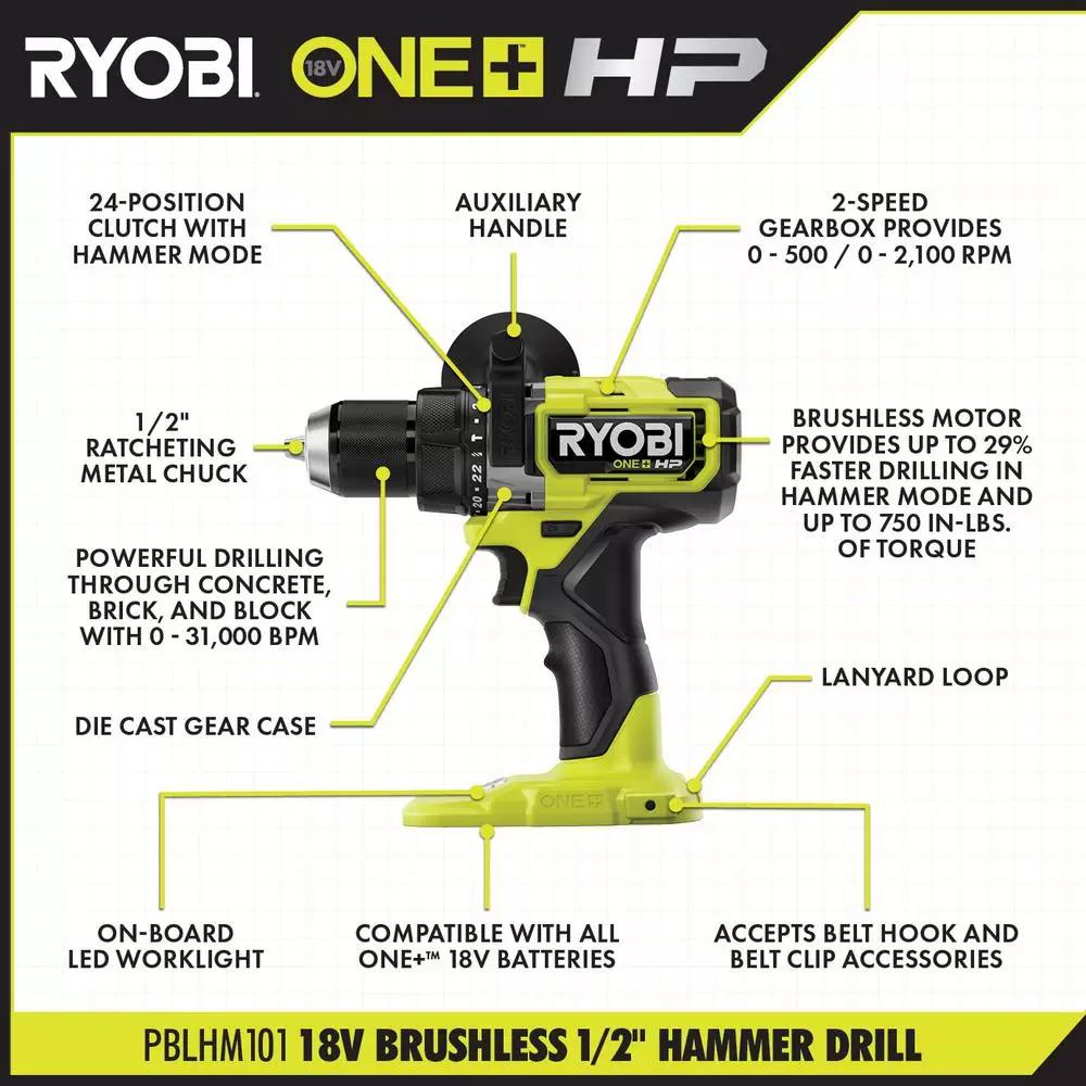 RYOBI 18V ONE+ HP Brushless 1/2 in. Hammer Drill Kit with 4.0 Ah Battery, Charger, and Tool Bag