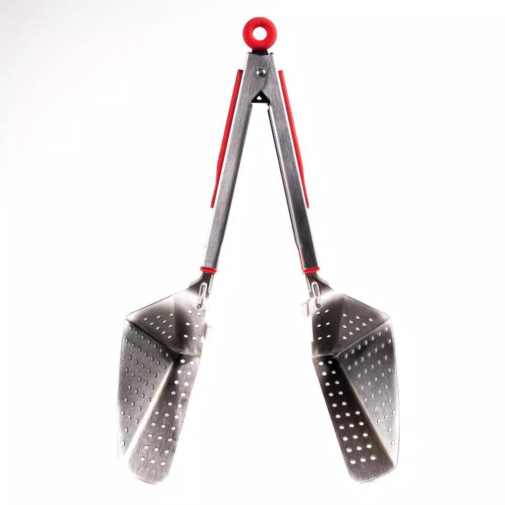 Chefright QuickScoop Red Colander Tongs with Soft Grips, Brushed Stainless Steel (Set of 2)